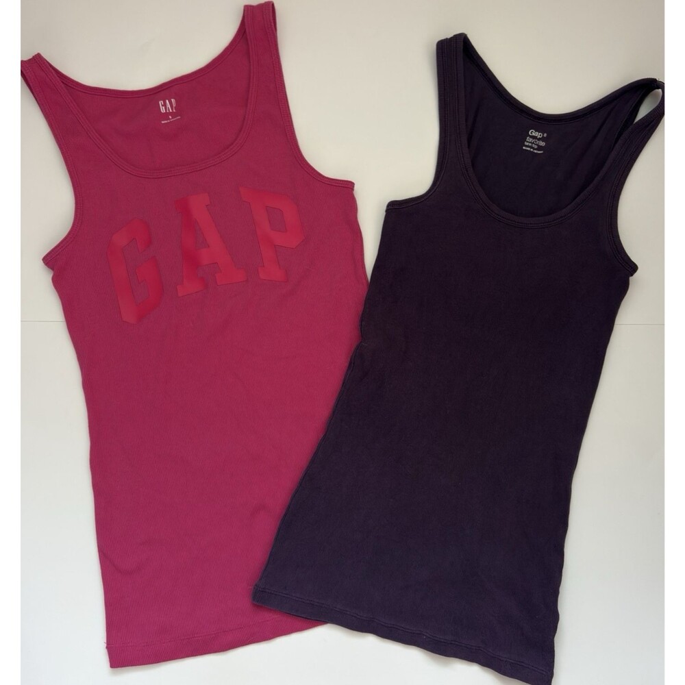 Lot of 2 Gap Favorite Women's  Cotton Tank Tops Logo Ribbed Purple Pink Sz Small